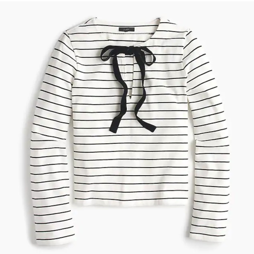 J. Crew White Striped Long-Sleeve Top with Black Bow